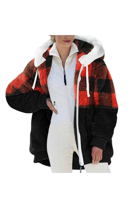 Womens Plush Coat Hooded Color Block Patchwork Cardigan Coats Outerwear Fuzzy Fleece Jacket for Women Winter Thermal Coat 2025 Red,XXL