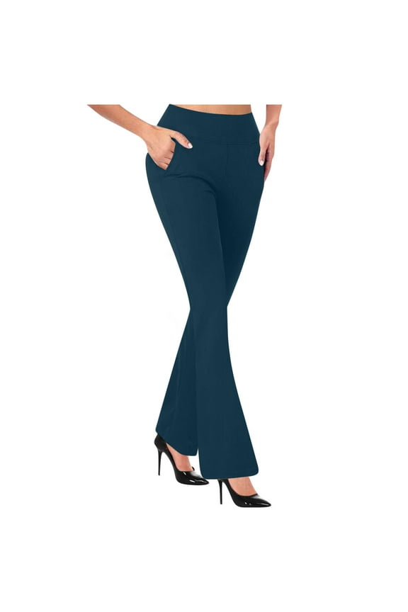 Womens Pull Business Pants High Waist Stretchy Work Flare Pant Tummy Control Casual Pull On Office Slacks Bottom Trousers Navy,L