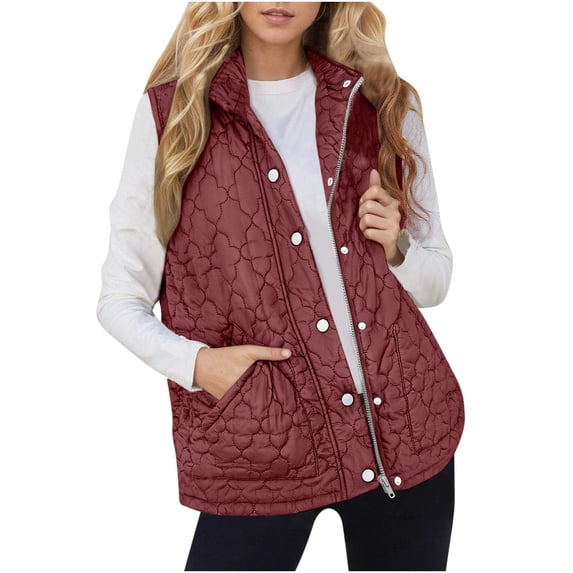 VINUSLI Womens Quilted Vest Jacket - Sleeveless Stand Collar Snap Button Puffy Jackets Zip Up Plus Size Gilet with Pockets Red,XL