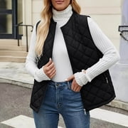 VINUSLI Womens Quilted Vest - Stand Collar Lightweight Jackets Sleeveless Padded Zip Pockets Gilet Black,XXL