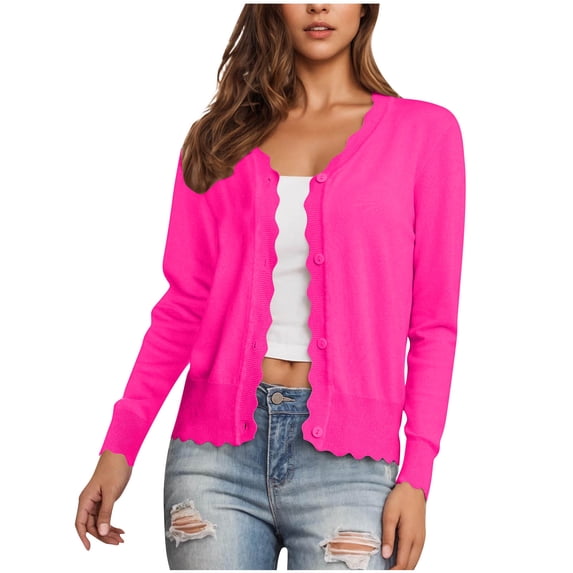 VINUSLI Womens Sheer Shrug Cardigan Lightweight Knit - Button Down Ruffle Trim Cropped Cardigans Open Front Long Sleeve Sweaters Hot Pink,M