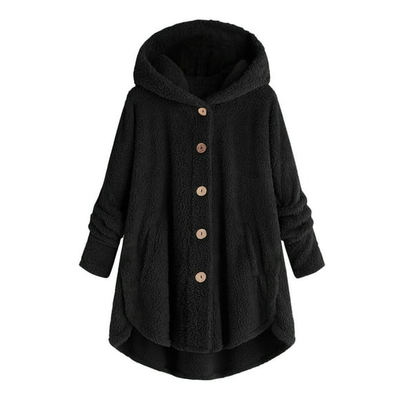 VINUSLI Womens Sherpa Jackets with Hood 2025 Plus Size Teddy Bear Coats Button Down Fleece Faux Fur Cardigans Winter Outerwear Black,XXXXL