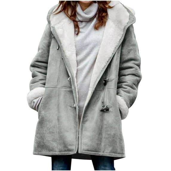 VINUSLI Womens Sherpa Lined Jackets Winter Plush Fleece Oversized Outwear Plus Size Thermal Soft Cozy Horn Buckle Fuzzy Overcoat Coats 2025 Gray,XXXXL