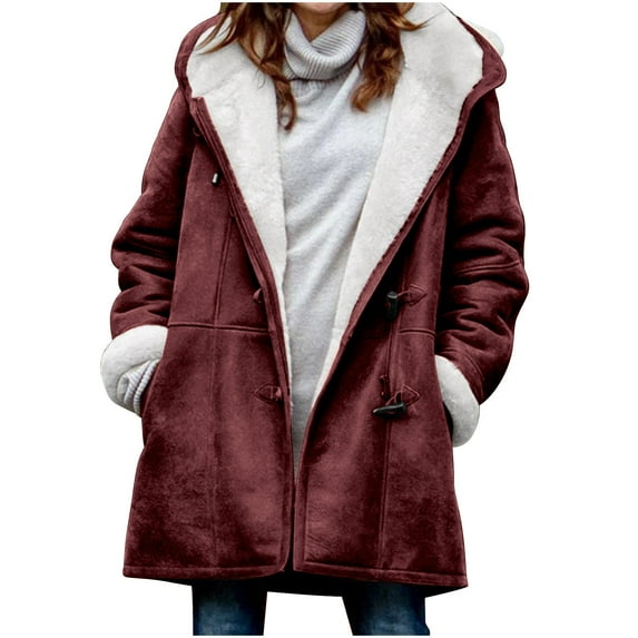 VINUSLI Womens Sherpa Lined Jackets Winter Plush Fleece Oversized Outwear Plus Size Thermal Soft Cozy Horn Buckle Fuzzy Overcoat Coats 2025 Wine,M