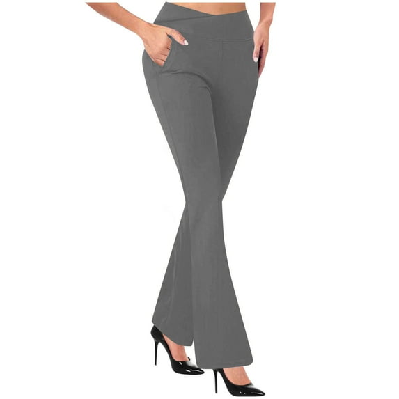 VINUSLI Womens Stretch Work Pants Business Casual High Waisted Bootcut Tummy Control Pant Bell Bottom Trendy Office Yoga Leggings with Pocket Dark Gray,L