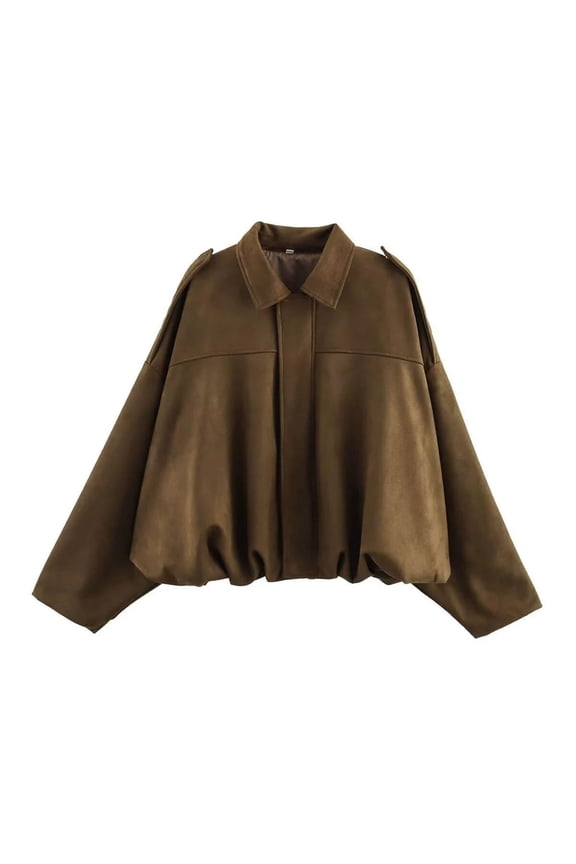 Womens Suede Bomber Jacket Casual Faux Lapel Trendy Cropped Jackets Oversized Batwing Sleeve Motorcycle Outerwear Coats with Pockets Brown,S