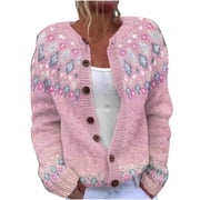 VINUSLI Womens Sweaters Cardigan Warm Thick Colorful Fair Isle Print Knit Cardigans Sweater Winter Open Front Vintage Button Down Jacket Coat Pink,S
