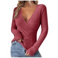 thumbnail image 1 of VINUSLI Womens V Neck Sweaters Long Sleeve Shirts Ribbed Knit Slim Fit Blouses Pullover 2025 Fall Casual Work Tunic Tops Red,S, 1 of 5