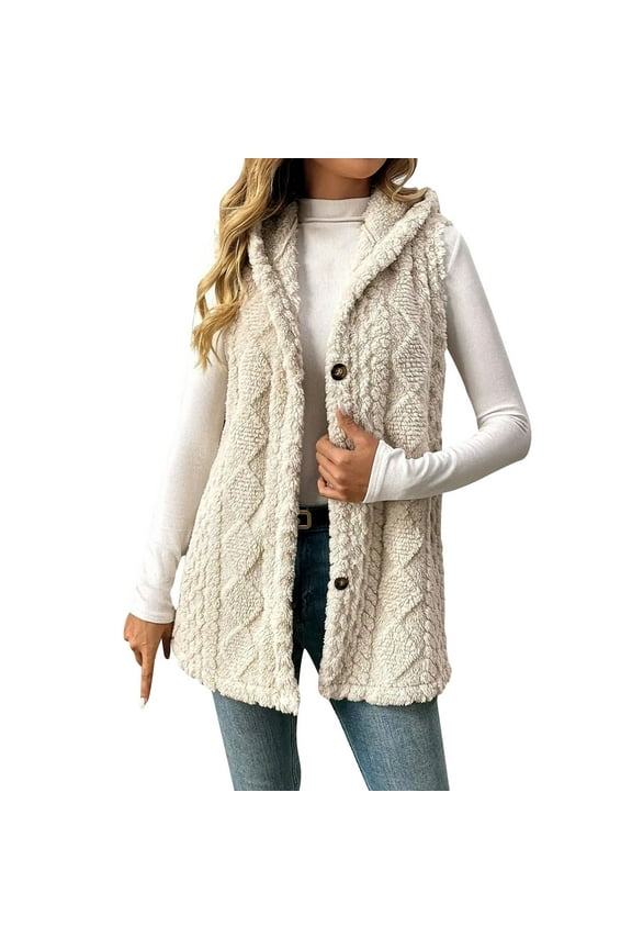 Womens Vests Lightweight Dressy Button Up Sherpa Vest with Hood Winter Sleeveless Fuzzy Fleece Warm Fall Outerwear Jackets White,L