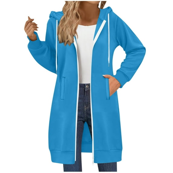 VINUSLI Womens Warm Hoodies Zip Up Casual Long Sleeve Fall Winter Tunic Sweatshirts Oversized Solid Outwear Long Hoodie Jacket Coat with Pocket Sky Blue,XL