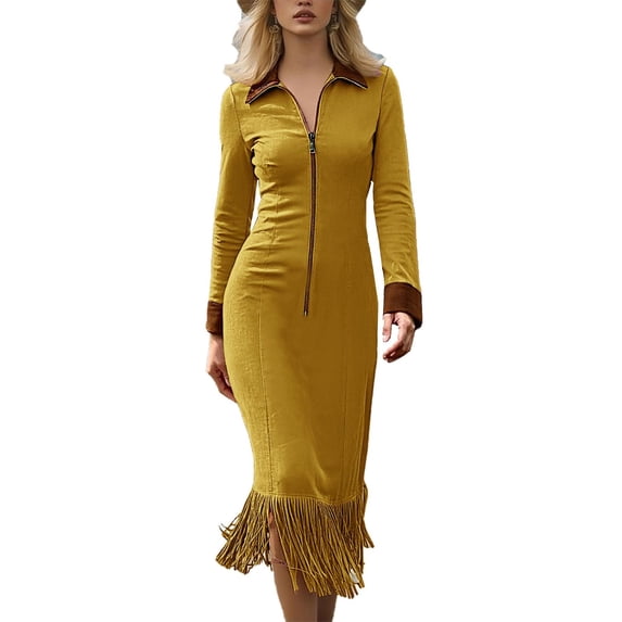 VINUSLI Womens Western Dresses 2025 Dressy Vintage Faux Suede Dress Plus Size Long Sleeve Zip-Front Lapel Cowgirl Dress Yellow,XXXL