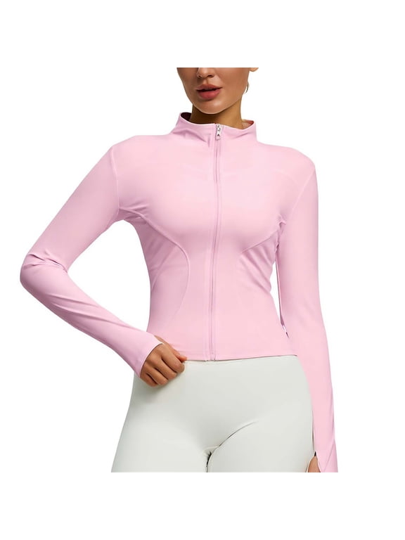 Womens Yoga Jacket Full Zip Lightweight Cropped Workout Jacket Solid Yoga Athletic Running Sports Slim Fit Tops Hot Pink,XL