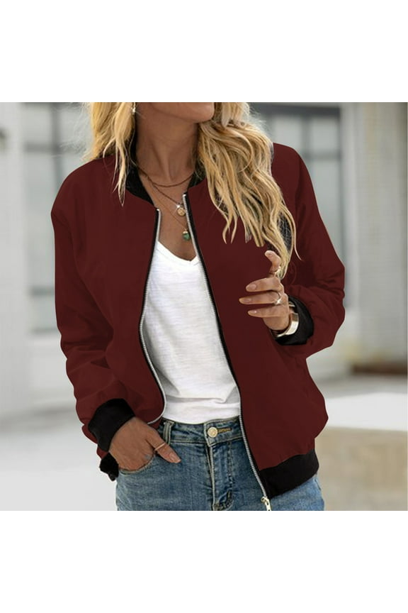 Womens Zip Up Bomber Jackets Lightweight Long Sleeve Jacket 2024 Fall Outdoor Windbreaker with Pocket Wine,L