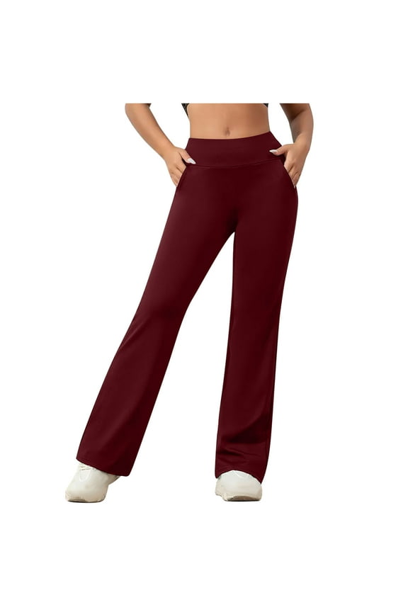Yoga Pants for Petite Women Wide Leg High Waisted Dress Pant Bootcut Stretch Casual Tummy Control Trousers with Pocket Wine,XL
