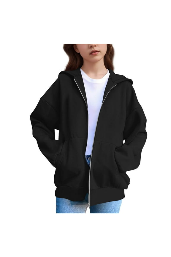 Zip Hoody Girl Cute Cat Ears Solid Fall Winter Hoodies with Pocket Lightweight Long Sleeve Sweatshirt Jacket Black,13-14 Years