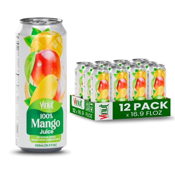 VINUT Mango Juice Drink, Smooth Tropical Fruit Juice Beverage, Natural, No Sugar Added, Not From Concentrate (NFC), Gluten Free, Non GMO, 16.9 oz Cans, Pack 12