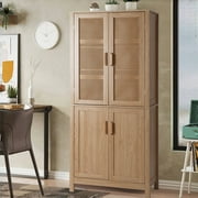 VINYUSE 71"H Kitchen Pantry Cabinet, Wood Storage Cabinet with Rattan Doors and Adjustable Shelves，Oak