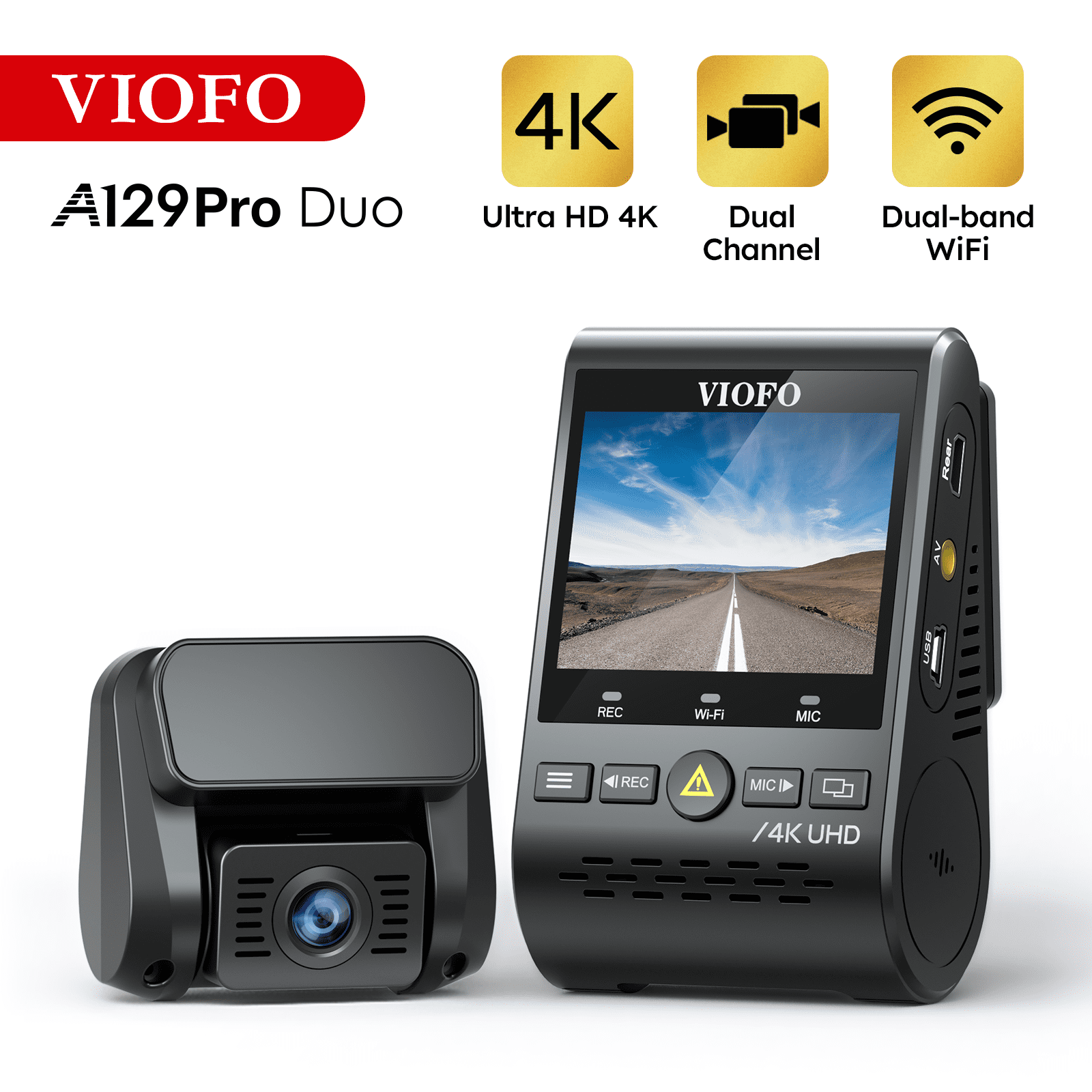 VIOFO 4K Dual Dash Cam 3840 x 2160P Ultra HD 4K WiFi Dash Camera, Sony 8MP  Sensor GPS, Buffered Parking Mode, Motion Detection, A129 Pro Duo