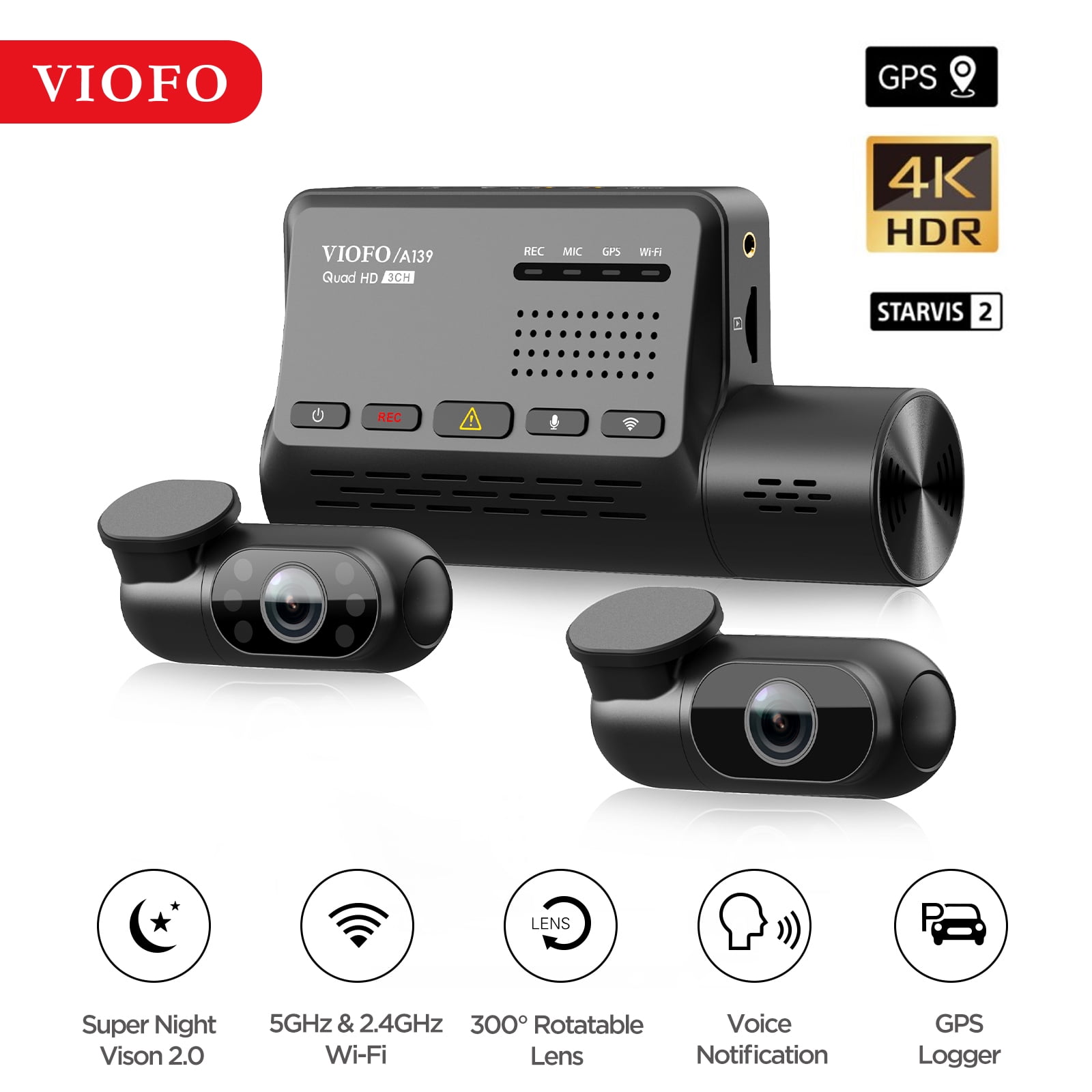 VIOFO 4K HDR Dash Cam Front Interior and Rear, STARVIS 2 IMX678 Sensor, HDR  Night Vision, Ultra HD 4K + 1080P+ 1080P Triple Car Dash Camera, 5GHz WiFi  GPS, 24H Parking Mode
