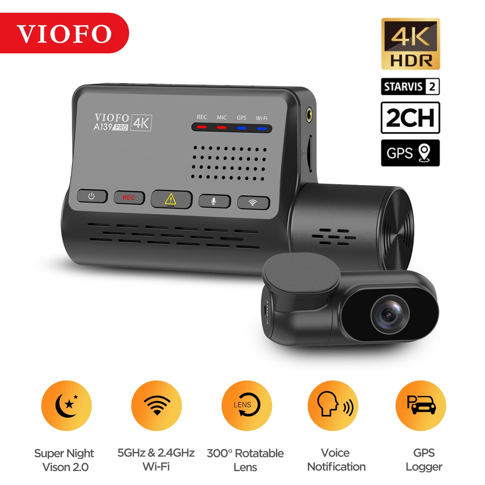 VIOFO 4K HDR Dash Cam Front and Rear A139 Pro 2CH, STARVIS 2 IMX678 Sensor,  Superb Night Vision, Ultra HD 4K + 1080P Dashcam for Car, 5GHz WiFi GPS