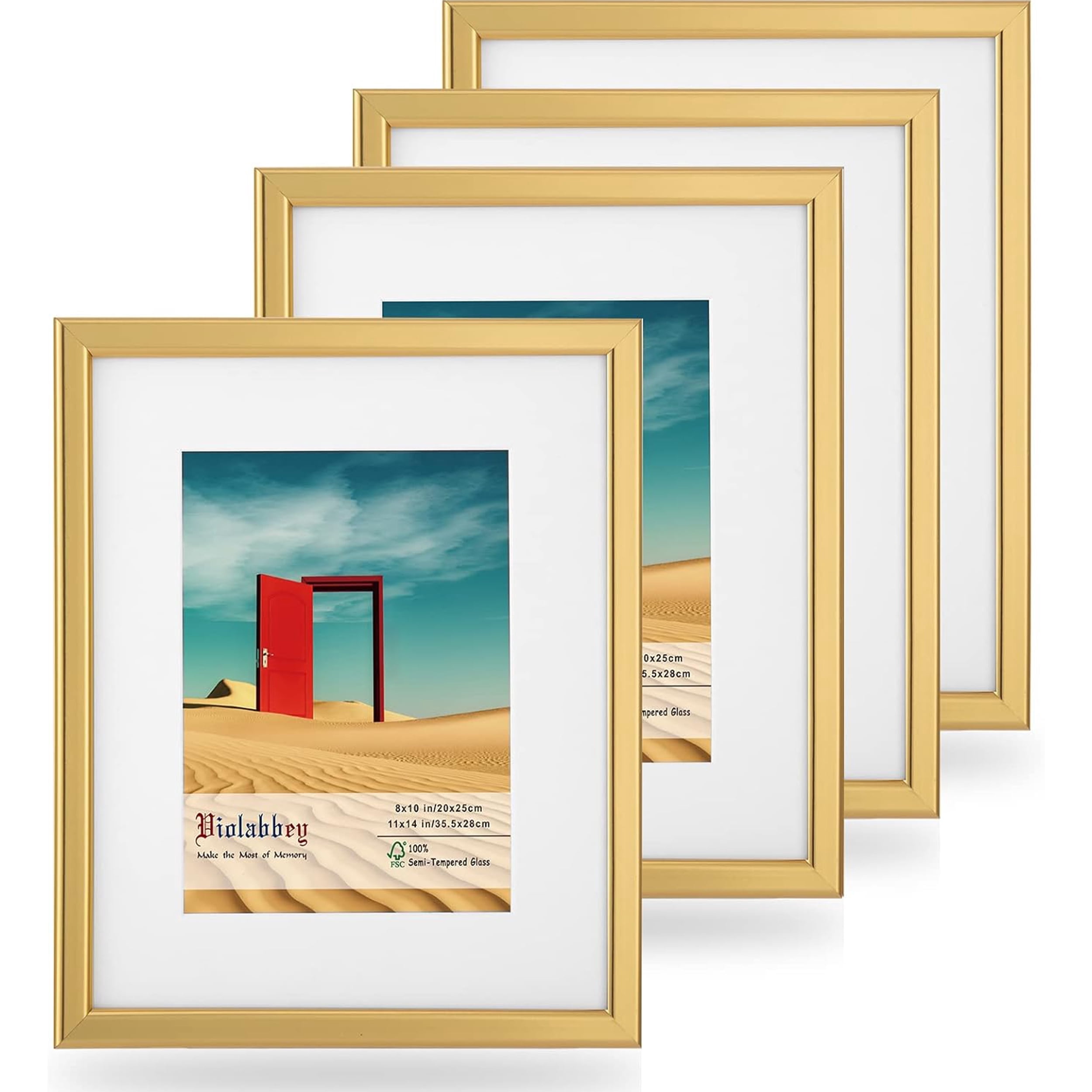 VIOLABBEY 11x14 Picture Frames Set of 4, Fits 8x10 Pictures with Ivory Mat or 11x14 without Mat, Vertical or Horizontal for Wall or Tabletop Display, Semi Tempered Glass, Light Gold