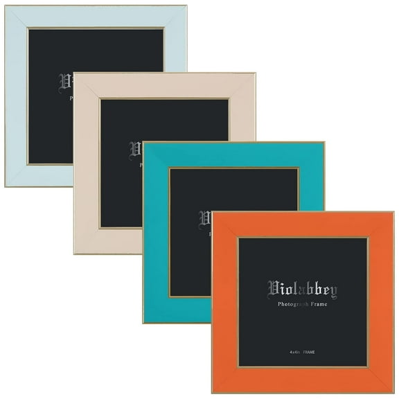 VIOLABBEY 4x4 Picture Frames Set of 4, Colorful Photo Frame of Modern Style, High Definition Tempered Real Glass, Wall Mounted or Tabletop Display (Blue+light blue+orange+apricot)