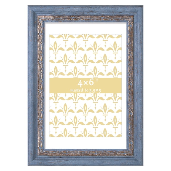 4x6 Picture Frame - Blue Gold Matted Ornate Vintage Gallery Wall Photo Frame