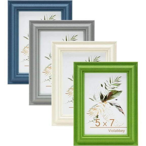 VIOLABBEY 5x7 Picture Frame Set of 4, 5 x 7 Picture/Photo Frame for Wall Mounted or Tabletop Display, Real Glass, Family Friends Gift (Green+White+Grey+Blue)