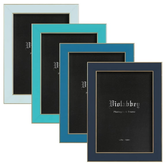 VIOLABBEY 5x7 Picture Frames Set of 4, Colorful Photo Frame of Modern Style, High Definition Tempered Real Glass, Wall Mounted or Tabletop Display (Blue Series)