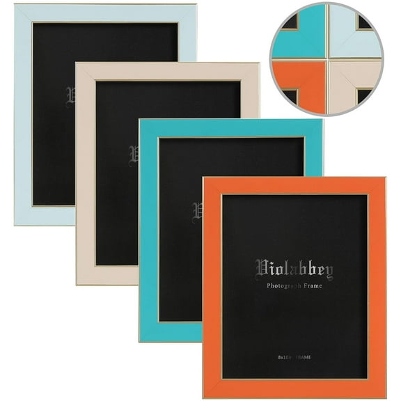 VIOLABBEY 8x10 Picture Frames Set of 4, Colorful Photo Frame of Modern Style, High Definition Tempered Real Glass, Wall mounted or Tabletop Display (Blue+light blue+orange+apricot)