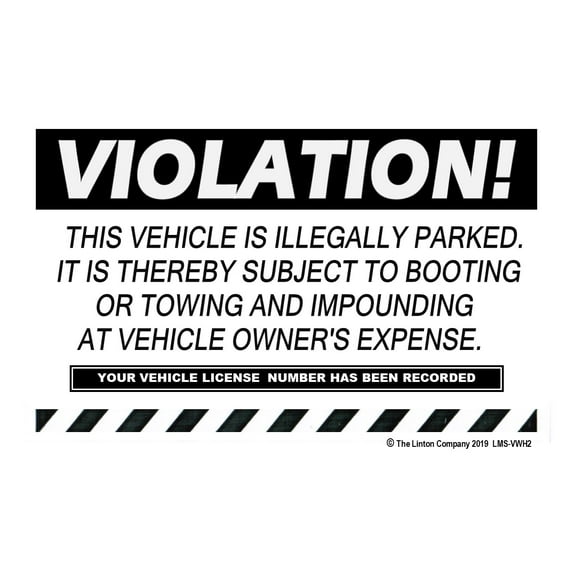 "VIOLATION, THIS VEHICLE IS ILLEGALLY PARKED…SUBJECT TO BOOTING OR TOWING AND IMPOUNDING" Stick-on Labels, 8" x 5", Black and White, Adhesive Backing - Pack of 50 Labels