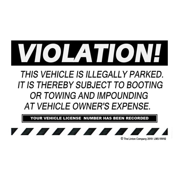 "VIOLATION, THIS VEHICLE IS ILLEGALLY PARKEDSUBJECT TO BOOTING OR TOWING AND IMPOUNDING" Stick-on Labels, 8" x 5", Black and White, Adhesive Backing - Pack of 50 Labels
