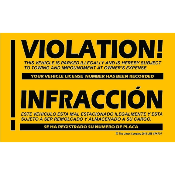 "VIOLATION! THIS VEHICLE IS PARKED ILLEGALLY" Stick-on Labels, 8" x 5", Bold Black on Fluorescent Orange, Adhesive Backing - Pack of 50 Labels