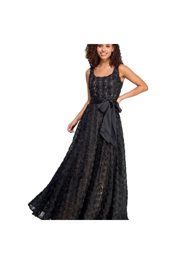 Womens Rosette Soutache Tie Waist Gown Dress, Black, Juniors, 5