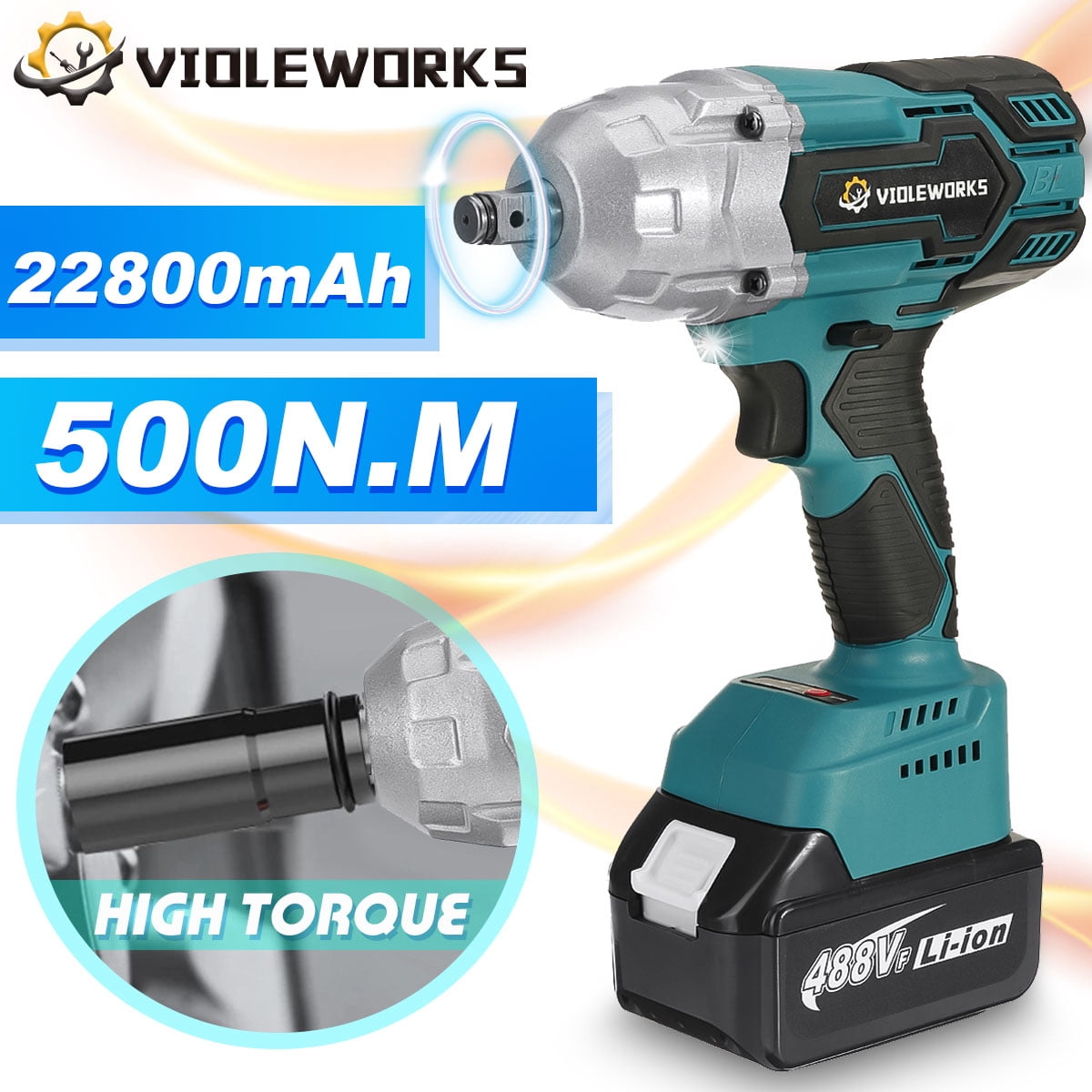 VIOLEWORKS 22800mAh Electric Cordless Brushless Impact Wrench, 1/2" Square Drive, 500N.M High Torque, Blue