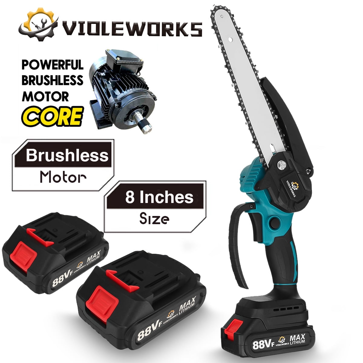 VIOLEWORKS Inch Electric Saw Brushless Mini Chainsaw Cordless, W/ Two  Batteries 2x1.5Ah for Tree Branch Wood Cutting, Blue