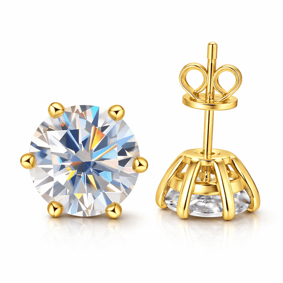 VIONAREL 3Ct Round Cut Moissanite Stud Earrings for Women, 925 Sterling Silver, Yellow Gold Plated