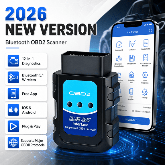 VIORBVA OBD2 Scanner Bluetooth, 12-in-1 Wireless Code Reader Diagnostic Tool for iOS & Android, Check Engine Light Scanner with ELM327