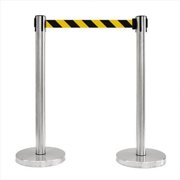 VIP Crowd Control 1017 12 in. Flat Base Satin Stainless Post Retractable Belt Stanchion - 6.5 ft. Safety Stripe belt
