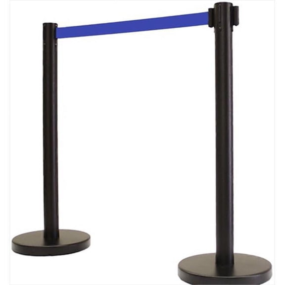 VIP Crowd Control 1102-10 14 inch Flat Base Black Post & Cover Retractable Belt Stanchion - 10 ft. Dark Blue Belt, Pack