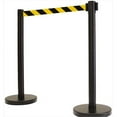 thumbnail image 1 of VIP Crowd Control 1108 14 inch Flat Base Black Post & Cover Retractable Belt Stanchion - 6. 5 ft.  Safety Stripe Belt, Pack, 1 of 1