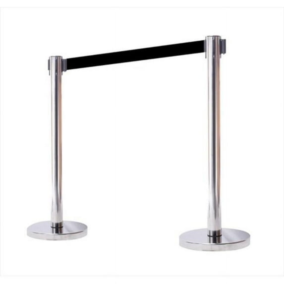 VIP Crowd Control 1109-10 14 in. Flat Base Mirror Post & Cover Retractable Belt Stanchion - 10 ft. Black Belt