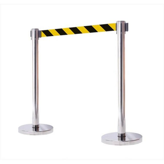 VIP Crowd Control 1117 14 in. Flat Base Mirror Post & Cover Retractable Belt Stanchion - 6.5 ft. Safety Stripe Belt