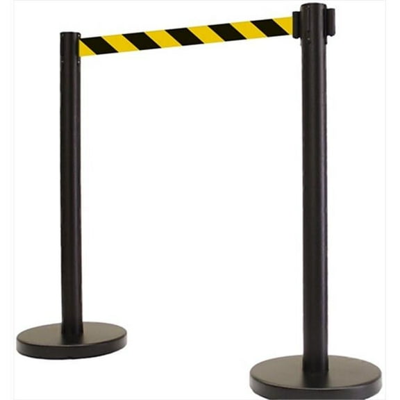 VIP Crowd Control 14 in. Flat Base Black Post & Cover Retractable Belt Stanchion - 6.5 ft. Safety Stripe Belt