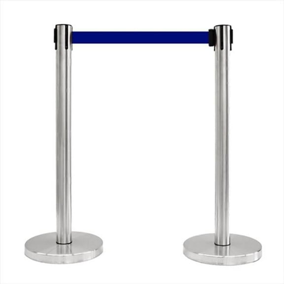 VIP Crowd Control 14 in. Flat Base Satin Stainless Post & Cover Retractable Belt Stanchion - 6.5 ft. Dark Blue Belt