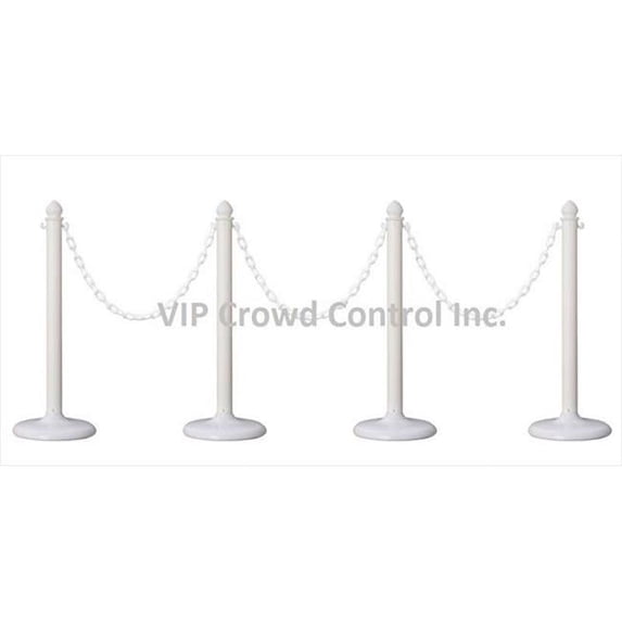VIP Crowd Control 1842-4-32 14 in. Flat Base Plastic Stanchions - 32 ft. Chain, White, 4 Piece