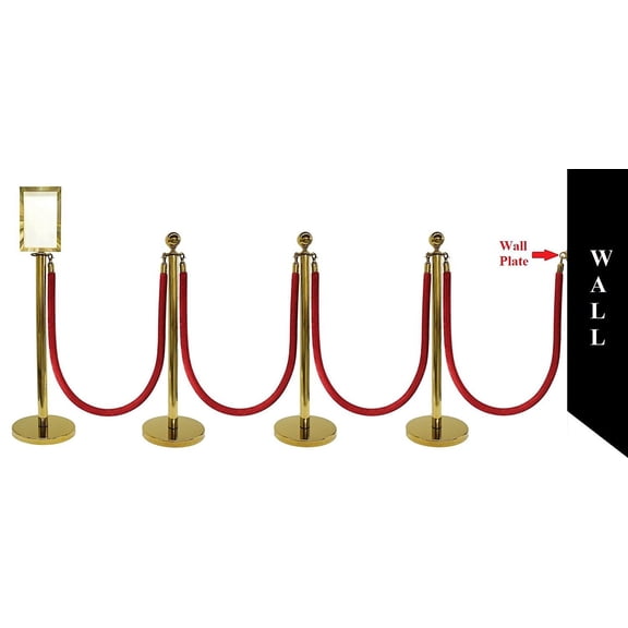 VIP Crowd Control, 4 Gold Crown Rope Stanchions + 4 Red Velour Ropes + 1 Portrait Sign Frame + 1 Wall Plate