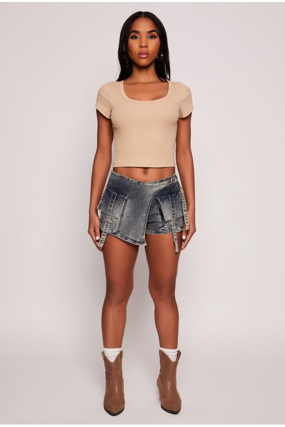 Womens VIP Denim Asymmetrical Wrap Front Cargo Skort