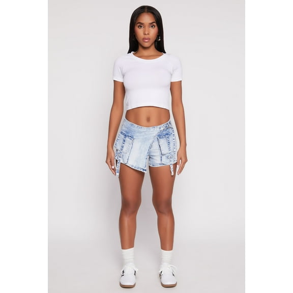 Womens VIP Denim Asymmetrical Wrap Front Cargo Skort