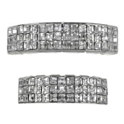VIP Grillz Set Bling Top And Bottom Teeth Silver Tone Three Row Hip Hop Grills